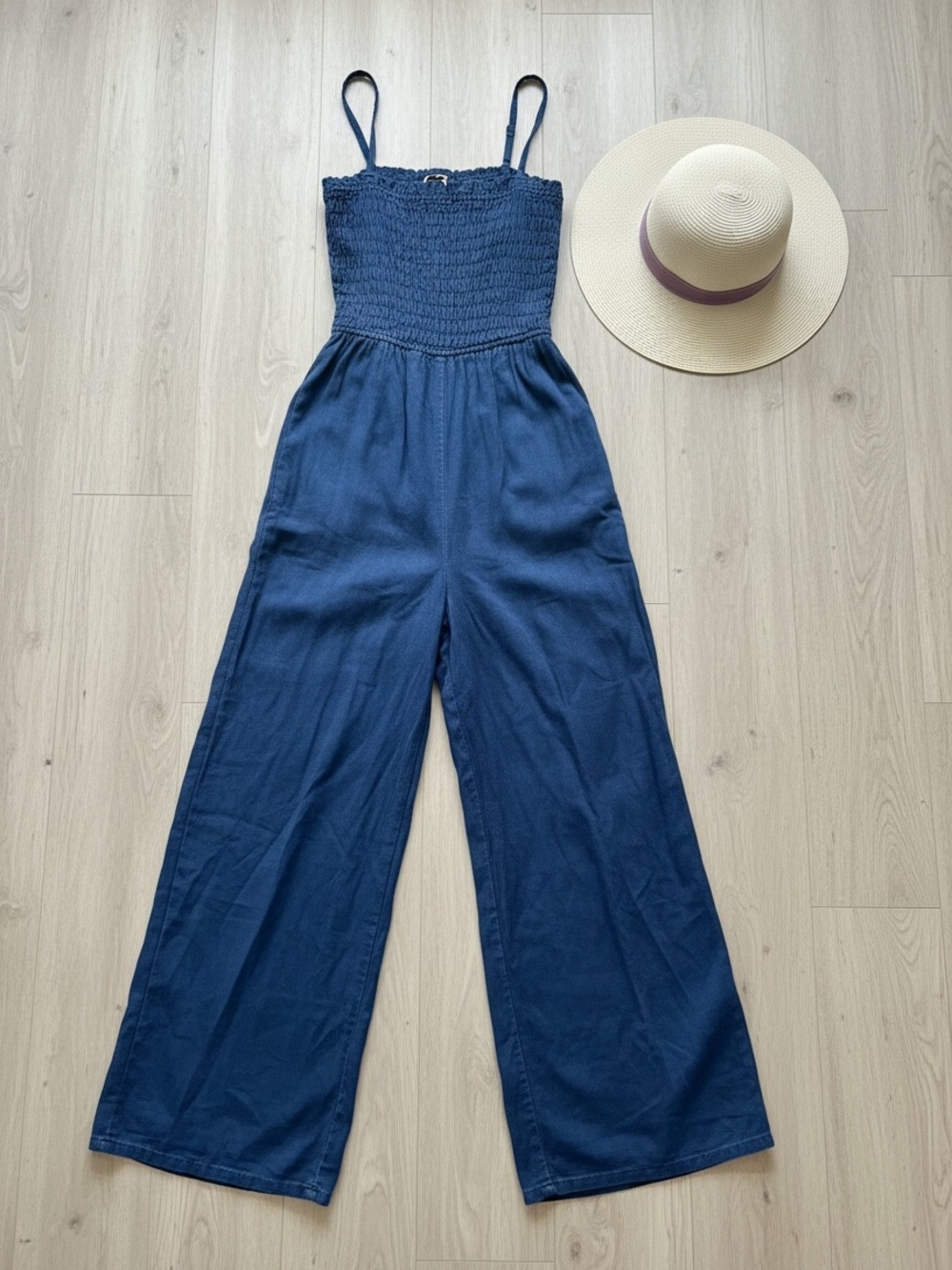 Anthropologie NWT Indigo Smocked Wide Leg Jumpsuit XS Resort Boho